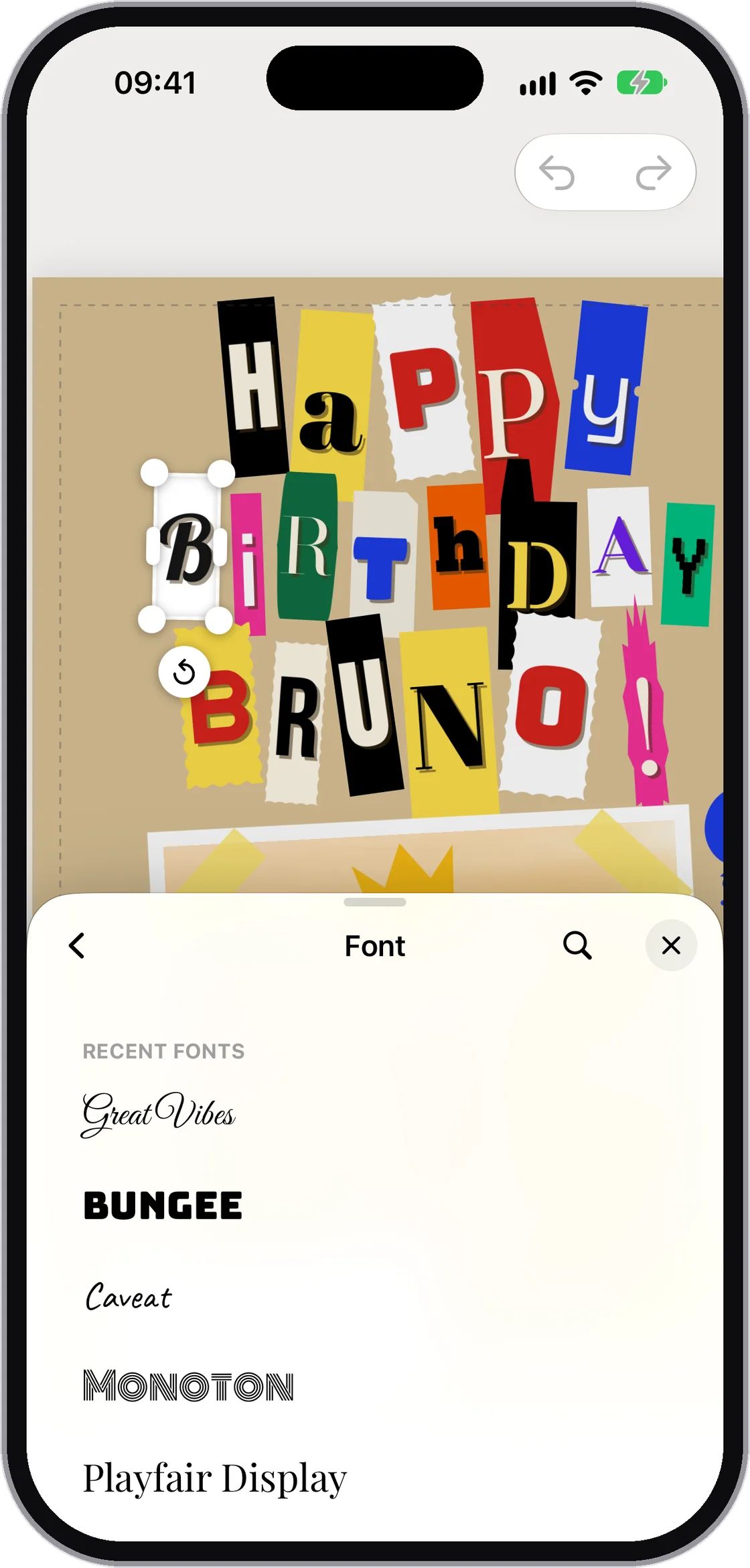 字体列表，顶部是最近使用的字体：Great Vibes、Bungee、Caveat、Monoton 和 Playfair Display。