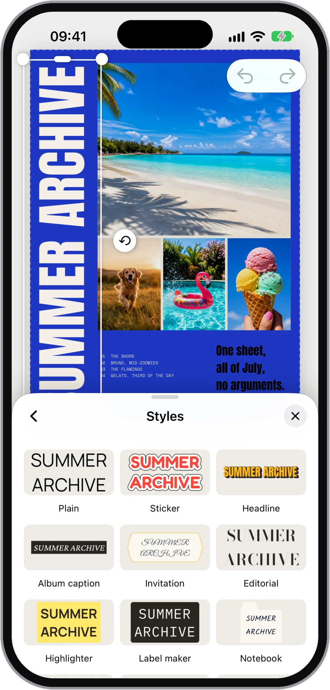 文字样式面板，把 SUMMER ARCHIVE 显示为普通、贴纸、标题、邀请函等多种样式。