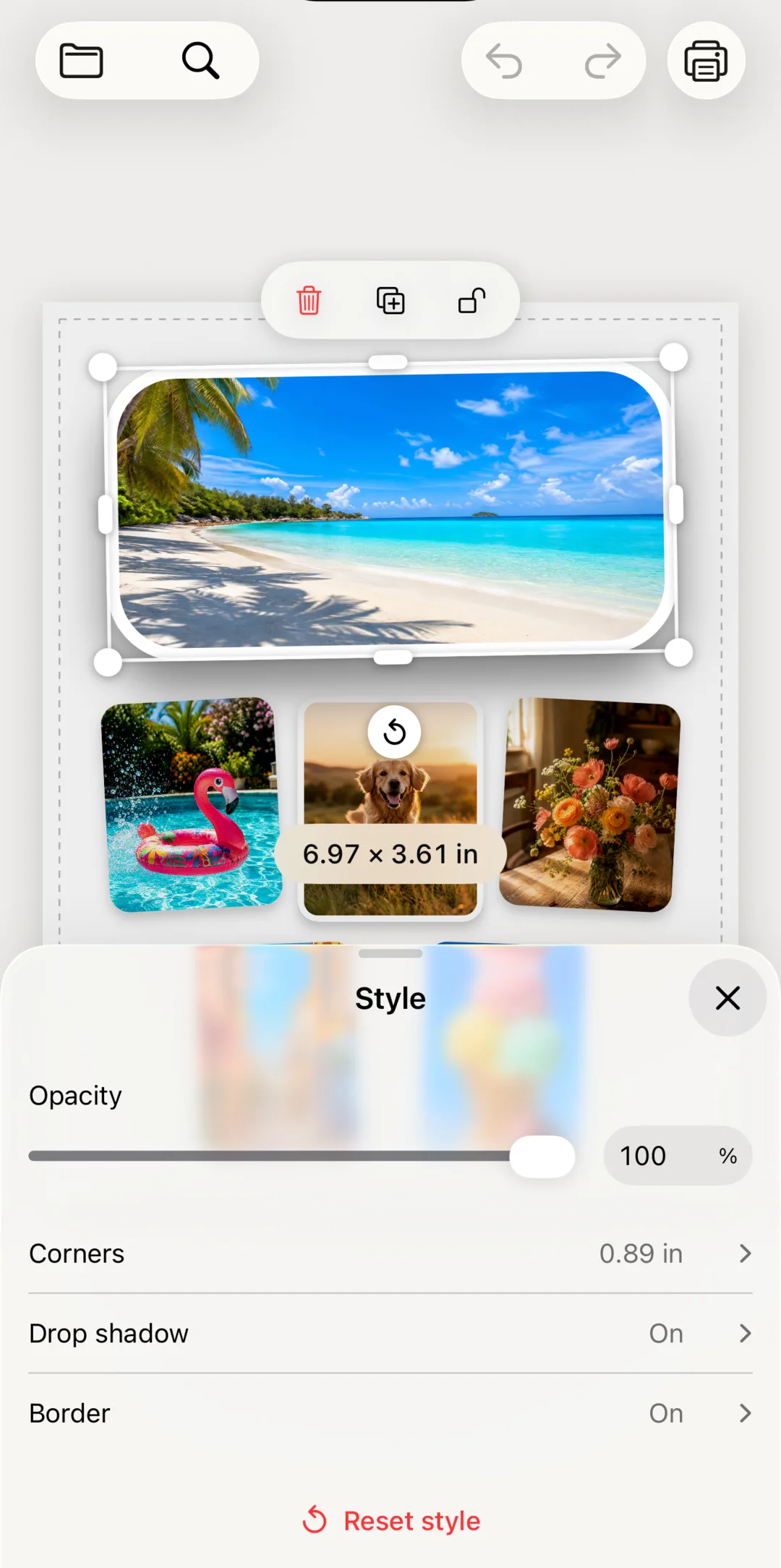 The Style tool with opacity, corners, drop shadow and border controls