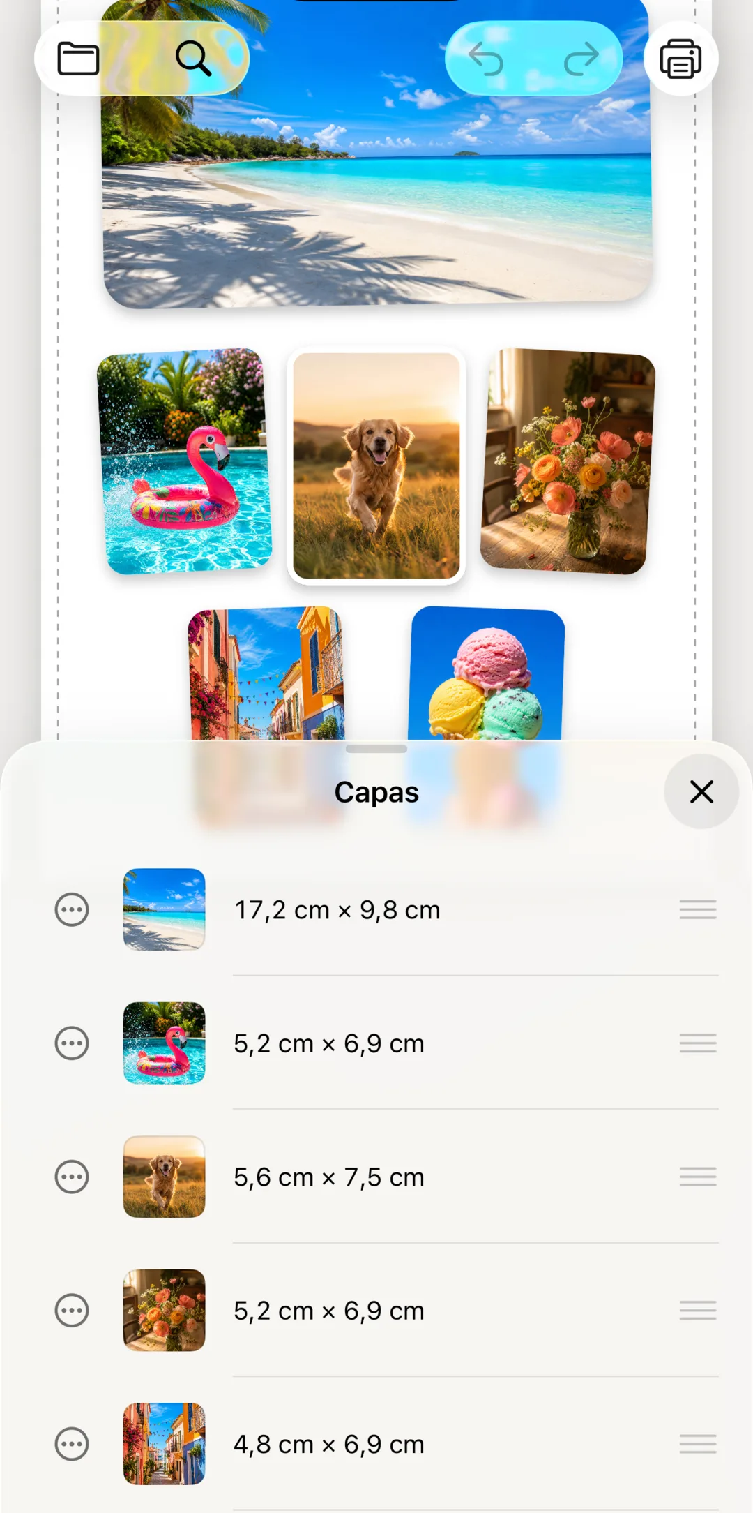 La lista de capas para reordenar, bloquear y duplicar fotos