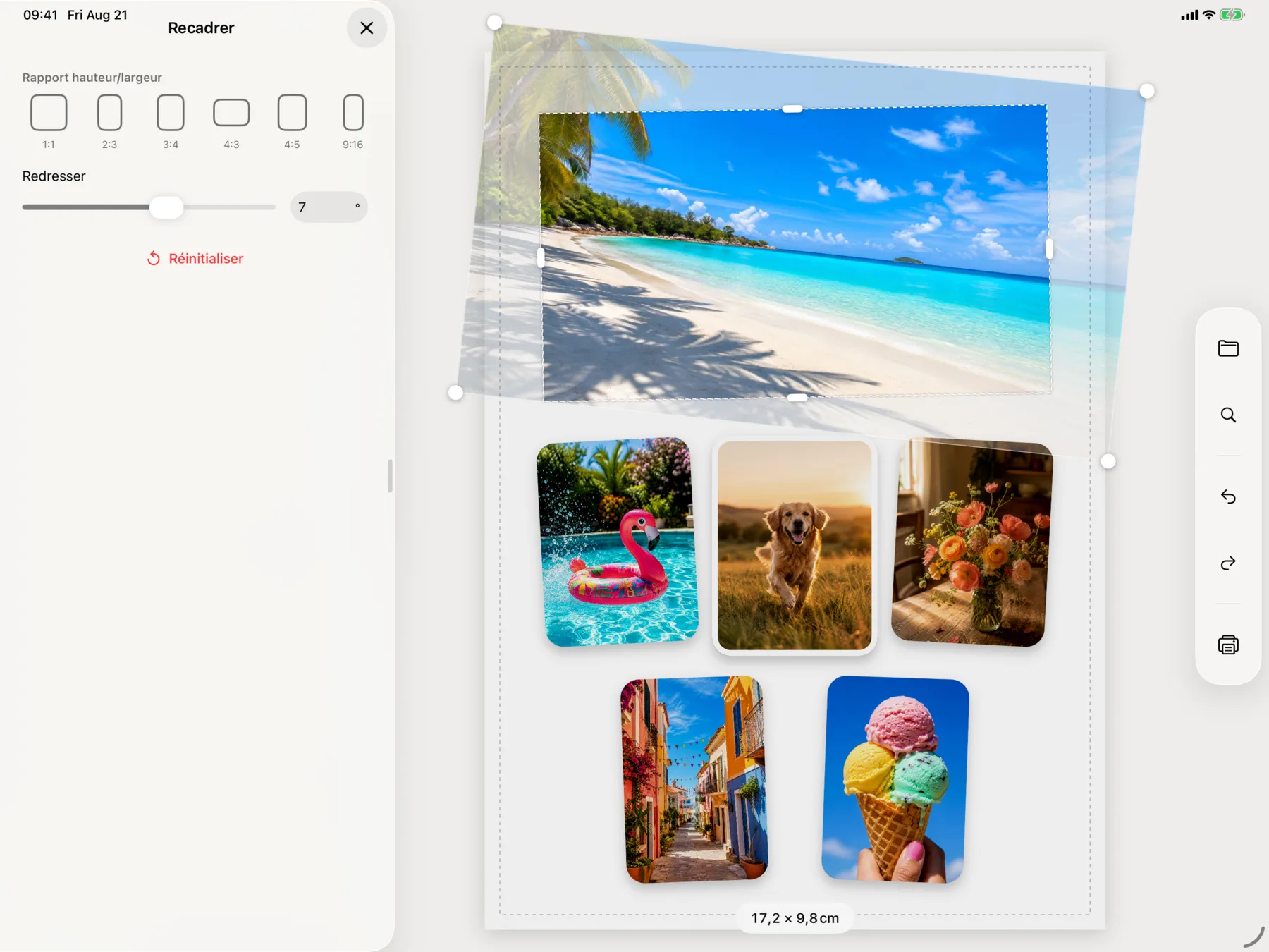 PrintRight sur iPad avec le panneau de recadrage ouvert à côté d’une page de photos